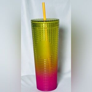 Starbucks Limited Edition Lemon Yellow Pink Gradient Grid 24oz Tumbler EXCELLENT
